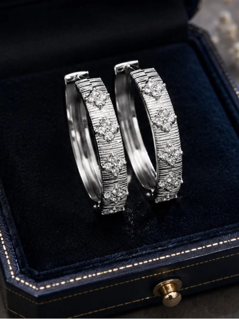 Elegant Silver tone Crystal Hoop Earrings - Silver tone finish